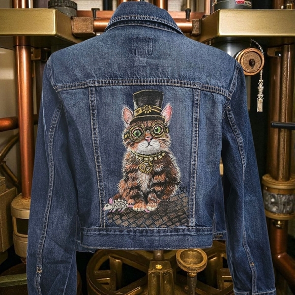 Old Navy Jackets & Blazers - Handpainted Steam Punk Cat On A Denim Jean Jacket